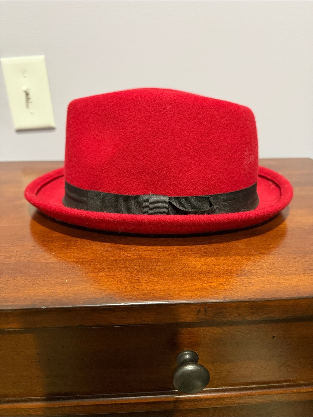 Women’s Red Wool Fedora with Black Tie Band